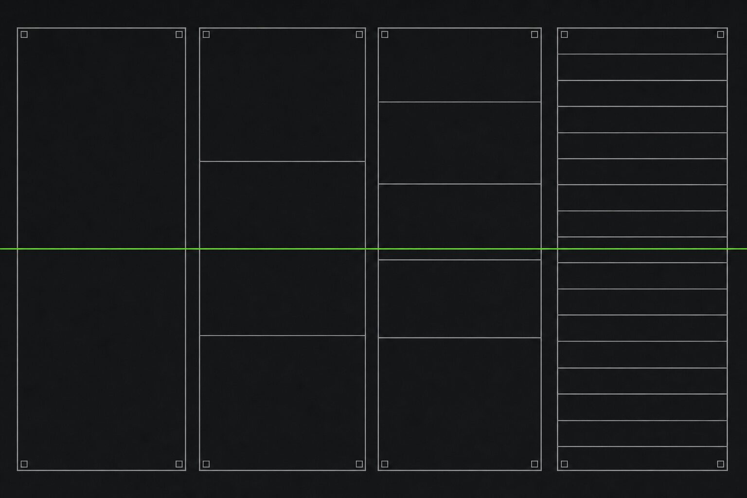 Schematic plate: four differently subdivided panels read by one common horizontal line