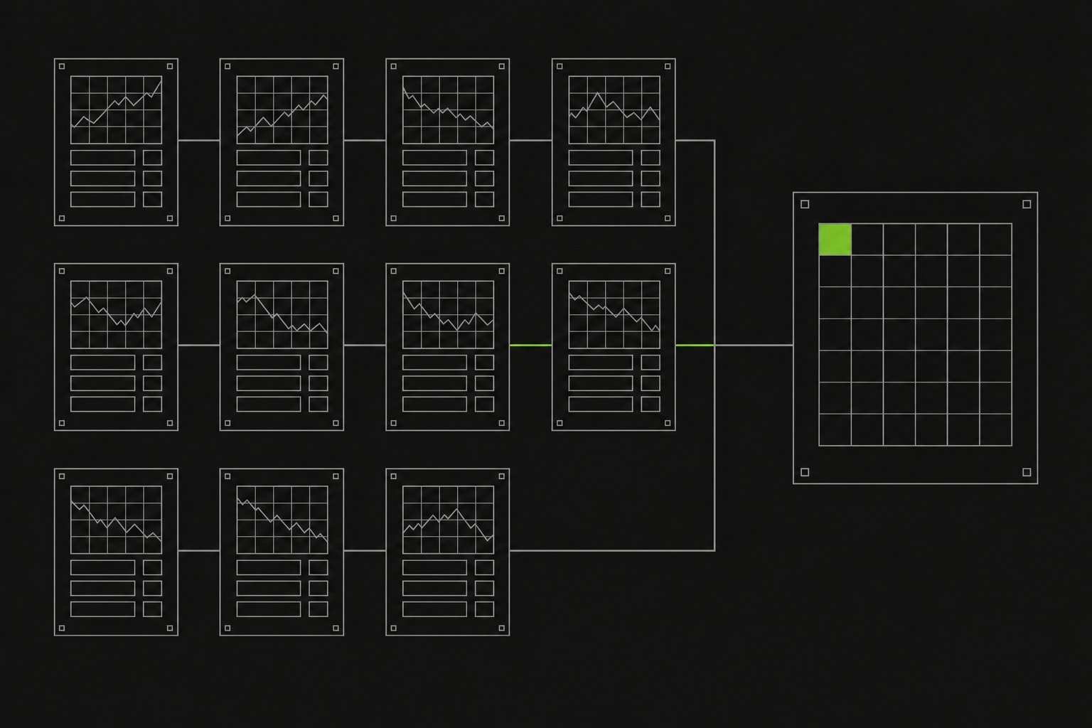 Schematic overview plate: eleven measurement modules routed into one summary panel
